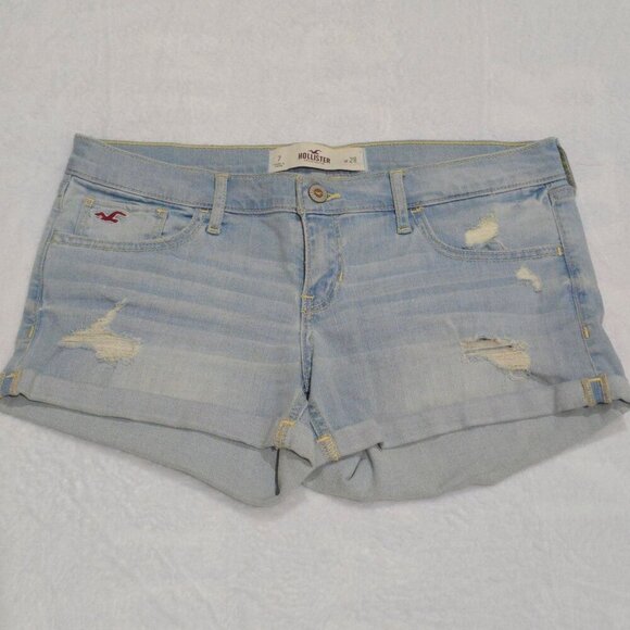 Hollister ✦ Distressed Denim Shorts ✦ Light Wash Folded Hem Cutoffs Sz 7 W28 Y2K - Picture 2 of 9